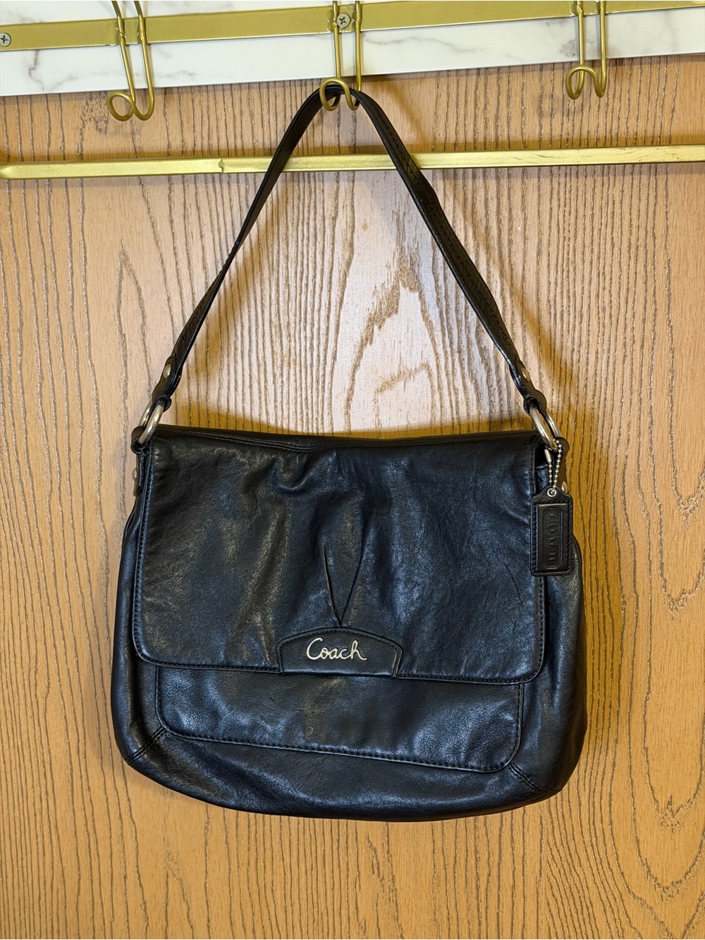 Vintage Coach Black Leather Flap Shoulder Bag Purse 1990s USA
